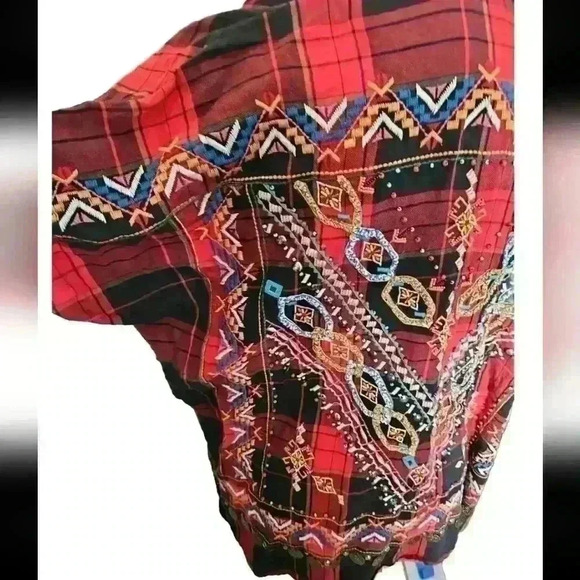 Zara Womens Red And Black Plaid Embroidered And Embellished Long Sleeve Top L - Picture 5 of 14